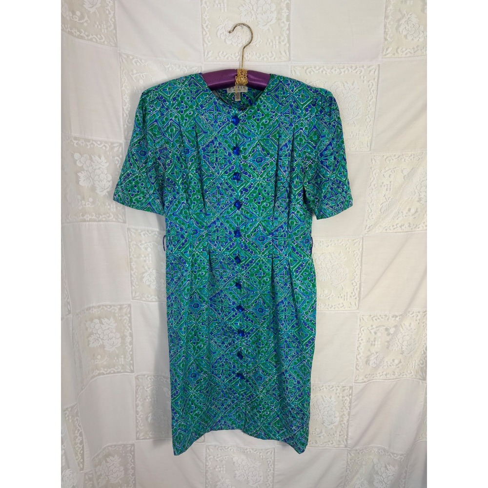 VTG 100% Silk Blue Patterned‎ Jewel Button Front Midi Dress Size M-L